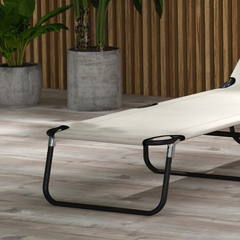 Outsunny Foldable Sun Lounger Set of 2 with 5-Position Adjustable Backrest, Outdoor Portable Recliner Chaise Lounge Chair with Breathable Mesh Fabric, Cream White