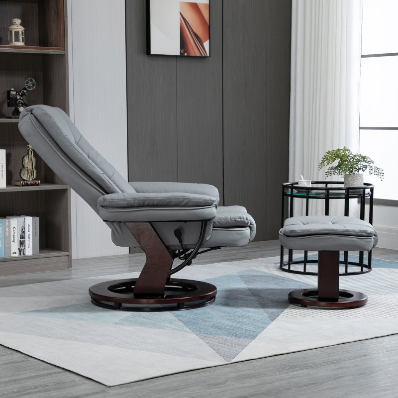 HOMCOM Recliner Chair With footstool, Recliner Armchair up to 130kg Weight Capacity, 135 Reclining Swivel Sofa Chair, PU Leather Ergonomic Couch Bed with Swivel Wood Base for Living Room, Grey