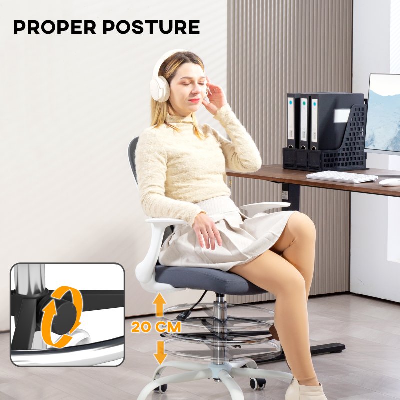 HOMCOM Drafting Chair, Swivel Draughtsman Chair, Ergonomic Office Chair, Mesh Standing Desk Chair with Flip-up Armrest, Lumbar Support, Adjustable Foot Ring, Grey