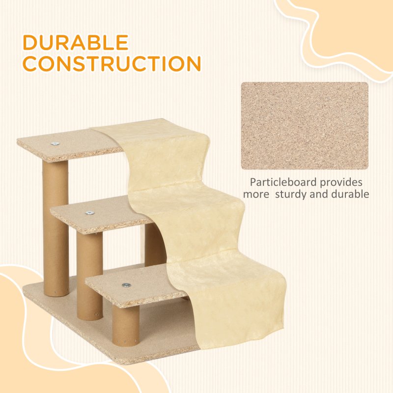 PawHut Dog Steps for Sofa, 3 Steps Dog Stairs, Pet Stairs, with Washable Plush Cover, for Small Breeds, Cats - Beige