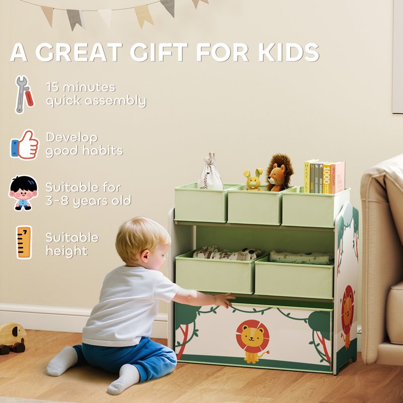 AIYAPLAY Kids Toy Storage Units, 3-Tier Toy Organiser Shelf with 6 Removable Fabric Boxes for Kids, Boys, Girls, Bedroom, Playroom, Nursery, Green