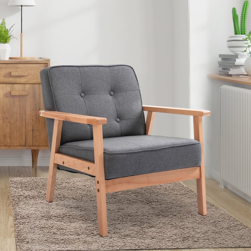 HOMCOM Accent Chair, Linen Fabric Armchair, Occasional Chair with Rubber Wood Frame for Living Room Reception Bedroom Balcony, Grey and Natural