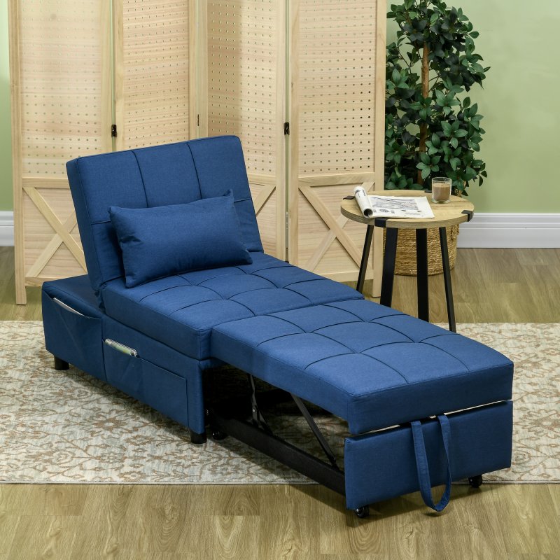 HOMCOM Convertible Chair Bed with Padding Seat, 4-in-1 Multi-Functional Sleeper Sofa Bed, Recliner with Adjustable Backrest, Side Pocket, Wheels and Pillow, for Living Room