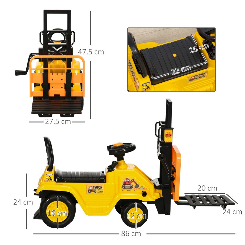 HOMCOM Kids Ride on Forklift Truck w/ Fork and Tray, Ride On Tractor w/ Under Seat Storage, Treaded Wheels, No Power Design, for 3-4 Years Old