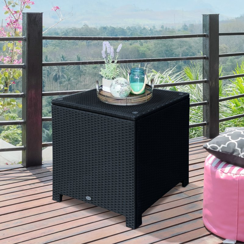 Outsunny Patio PE Rattan Side Table, Square Outdoor Coffee Table w/ Tempered Glass Top, Black