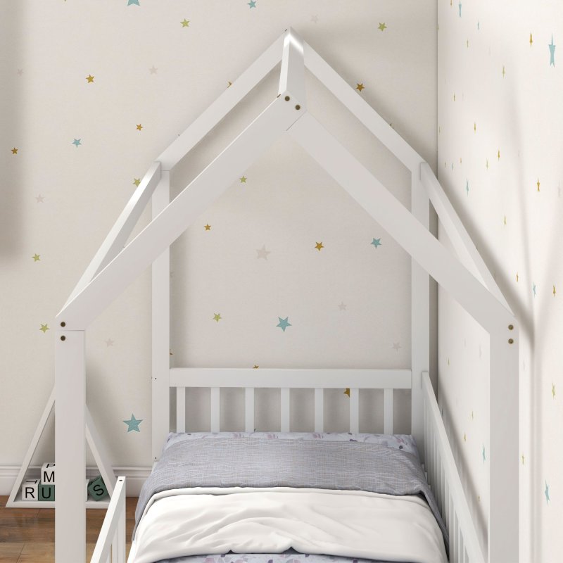 HOMCOM House-Shaped Kids Bed Frame, Solid Pine Wood Single Bed Frame with Safety Fence for Kids Boys and Girls, White