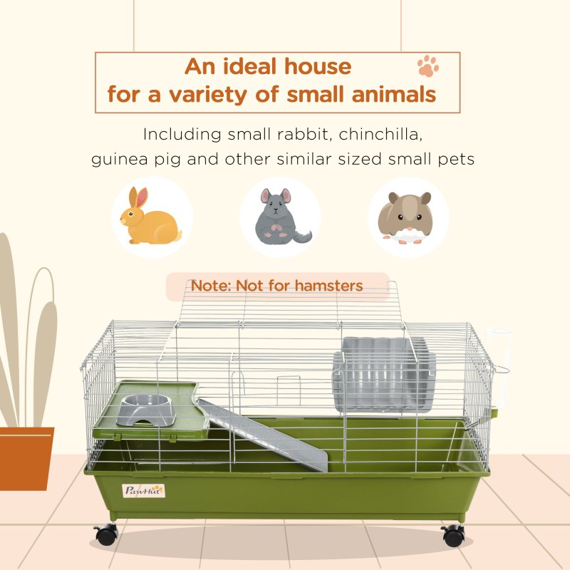 PawHut Small Animal Cage Rabbit Guinea Pigs Chinchillas Cage w/ Wheels Water Bottle Food Dish Platform Ramp 89 x 44 x 43 cm Green