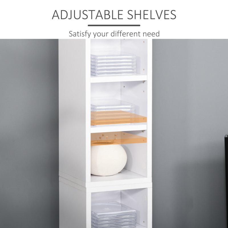 HOMCOM 204 CD Media Display Shelf Unit Set of 2 Blu-Ray Tower Rack w/ Adjustable Shelves Bookcase Storage Organiser, White