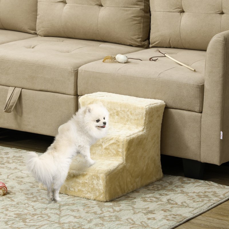 PawHut Dog Steps for Sofa, 3 Steps Dog Stairs, Pet Stairs, with Washable Plush Cover, for Small Breeds, Cats - Beige