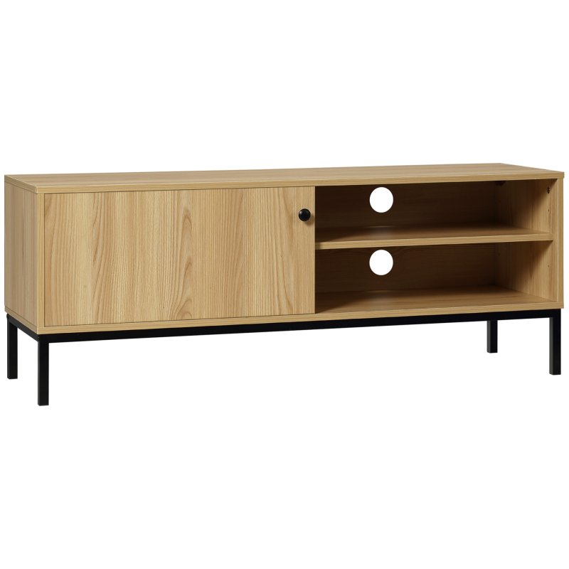 HOMCOM TV Stand Cabinet for TVs up to 50", TV Unit with 3 Compartments, Cable Management, TV Cabinet with Sliding Door for Living Room, Bedroom, Natural Wood Finish