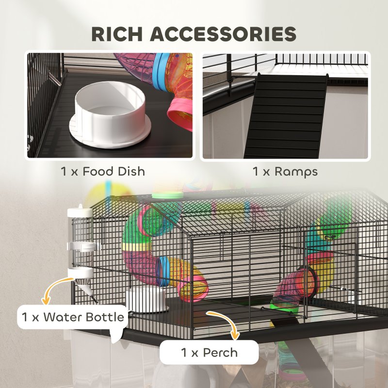 PawHut Hamster Cage, 2 Tier Gerbil Cage with 31cm Deep Tray, Tube System, Water Bottle, Ramp, Feeding Bowl, 58 x 43 x 57cm, Multicoloured