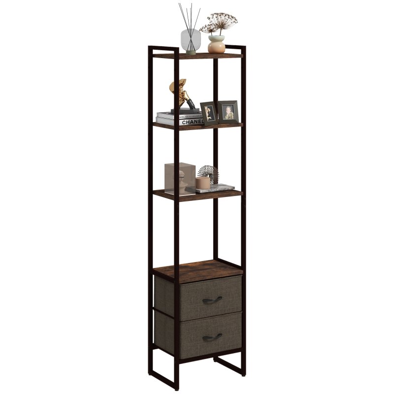 HOMCOM Industrial Bookshelf, Slim Storage Shelf with 2 Fabric Drawers and 4-tier Shelving Unit, Narrow Display Rack for Living Room, Home Office, Rustic Brown