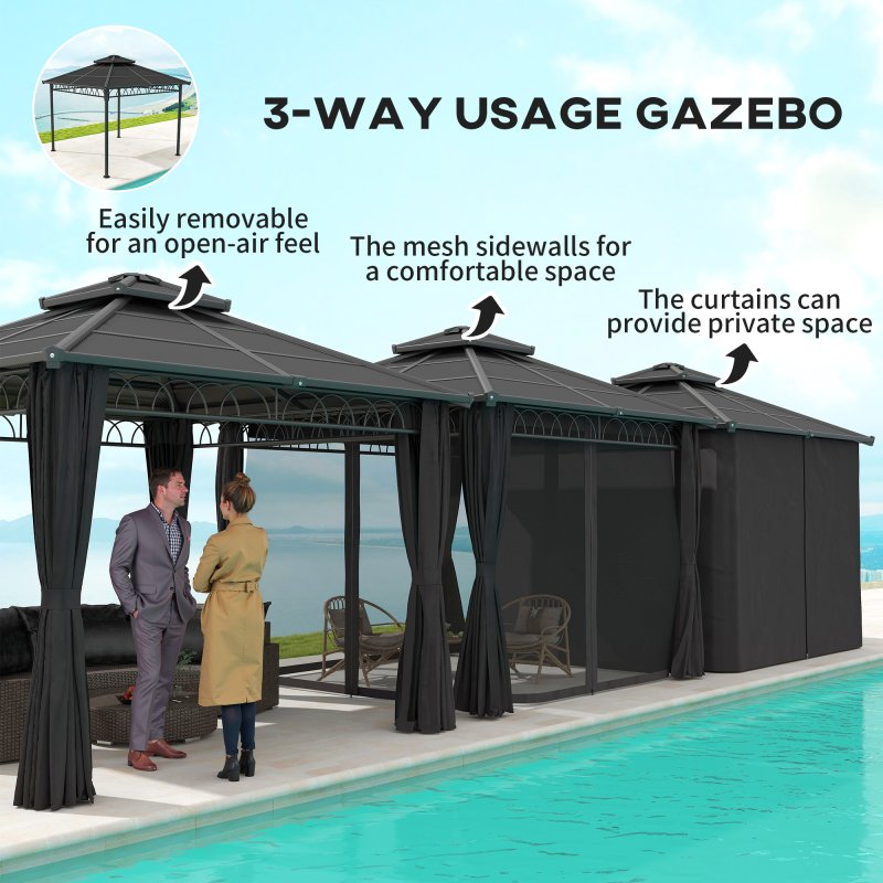 Outsunny 3 x 3 (m) Outdoor Polycarbonate Gazebo, Double Roof Hard Top Gazebo with Galvanised Steel Frame, Nettings& Curtains for Garden, Lawn, Patio and Deck, Dark Grey