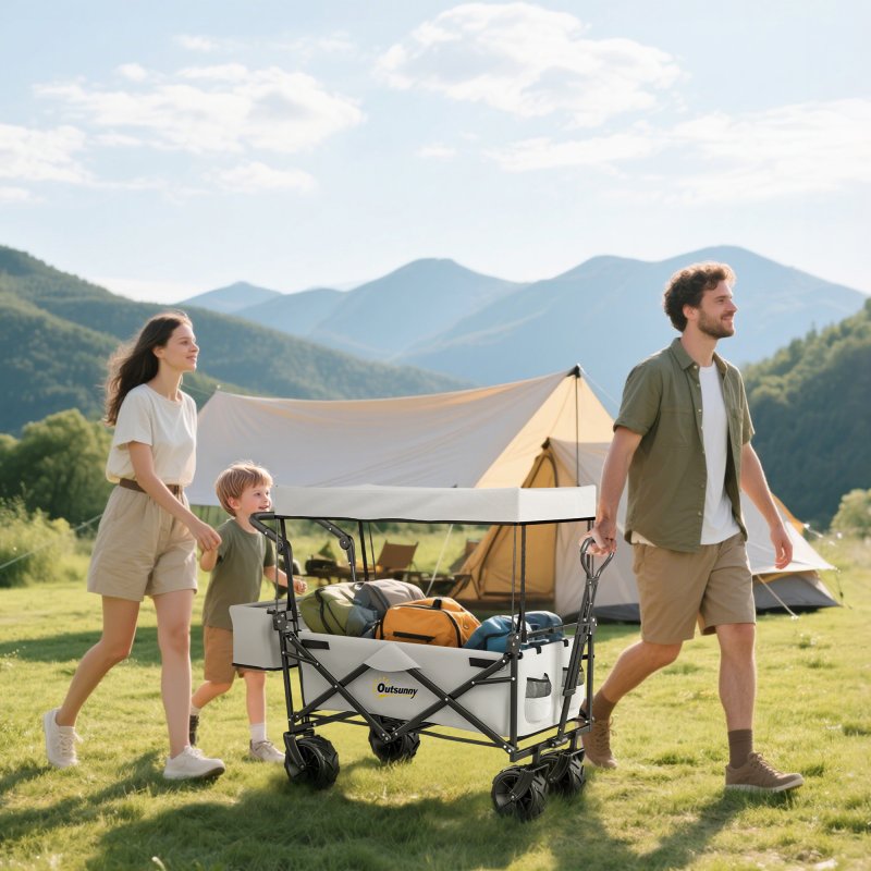 Outsunny 120L Festival Trolley on Wheels, Folding Camping Trolley Cart with Removable Canopy, All-Terrain Wheels, Adjustable Handle and Side Pockets for Garden Beach Fishing Shopping, Grey