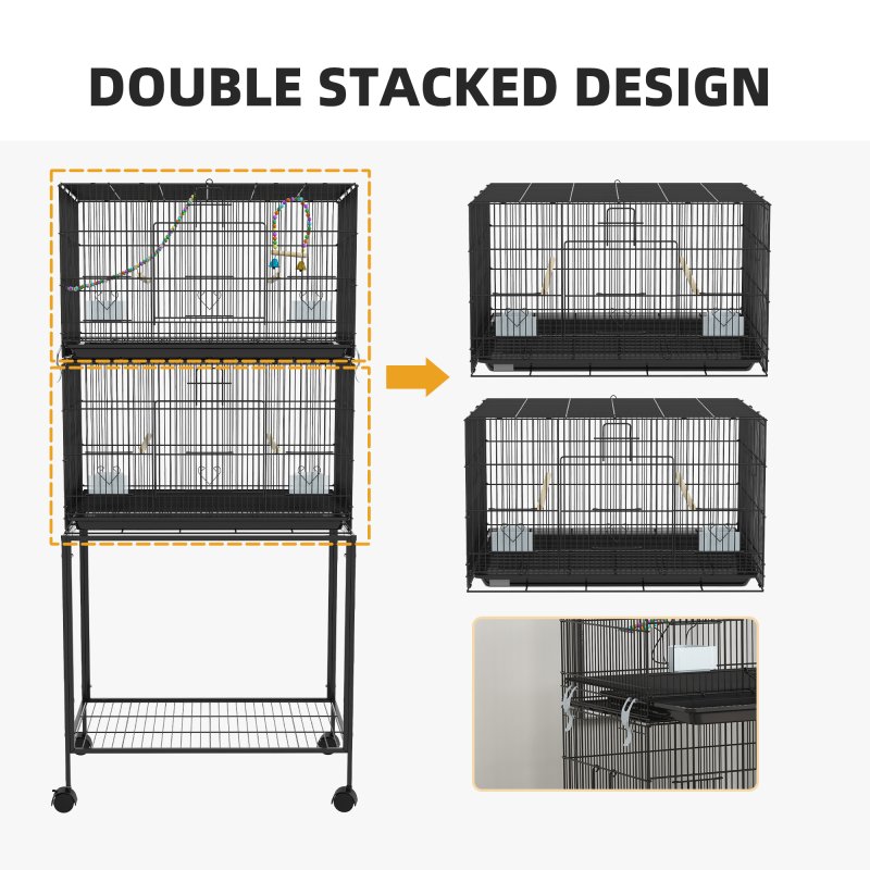 PawHut 2 Tier Bird Cage, Budgie Cage with Stand, Swing, Rope, Ladder, Wheels, Shelf, Tray, Perches, Food Containers, for Canaries, Lovebirds, Finches