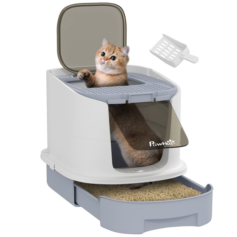 PawHut Cat Litter Box with Lid, Hooded Cat Litter Tray with Scoop, Deodorisation Bags, Top Entry, Cat Toilet with Drawer Pan, Grey