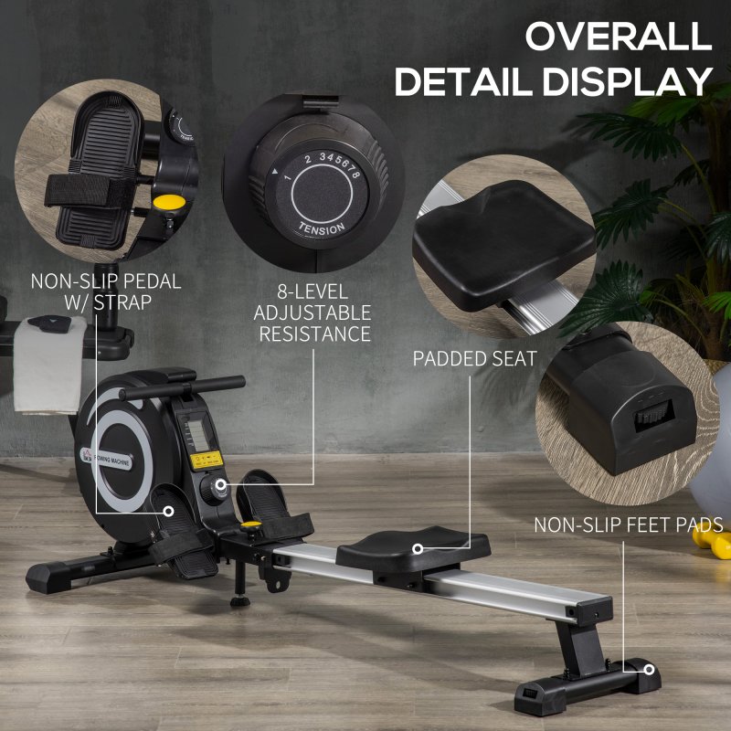 HOMCOM Folding Rowing Machine, 8-Level Magnetic Rower Machine with LCD Monitor, Wheels and Aluminium Railway, for Home Gym Cardio Training