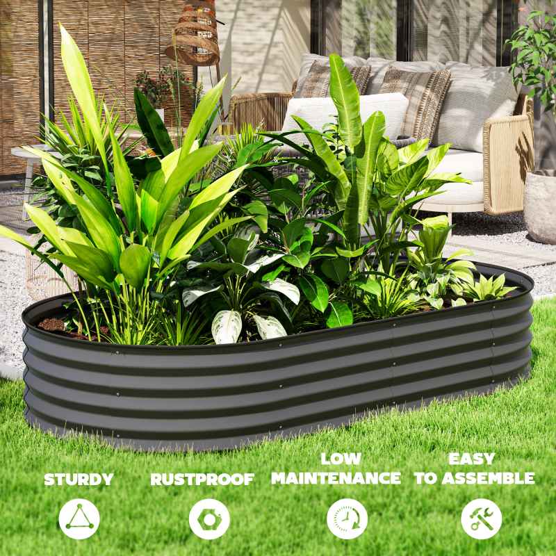 Outsunny Set of 2 Raised Beds for Garden, Outdoor Galvanised Planter Box with Plant Support Stakes, Rubber Strap Edging and Bottomless for Flower, Vegetable, 181 x 93 x 30 cm, Dark Grey