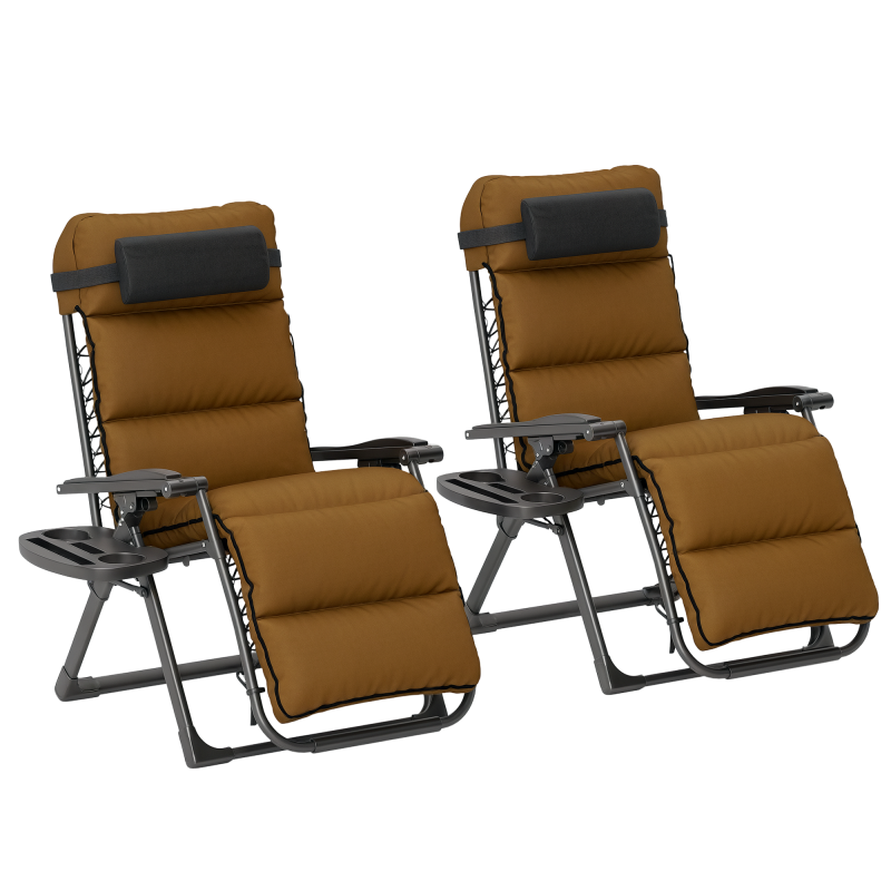 Outsunny Zero Gravity Chairs Set of 2, Folding Reclining Garden Chair, Outdoor Sun Lounger with Cushion, Garden Recliner Chairs with Headrest and Cup Phone Holder Tray for Beach, Brown