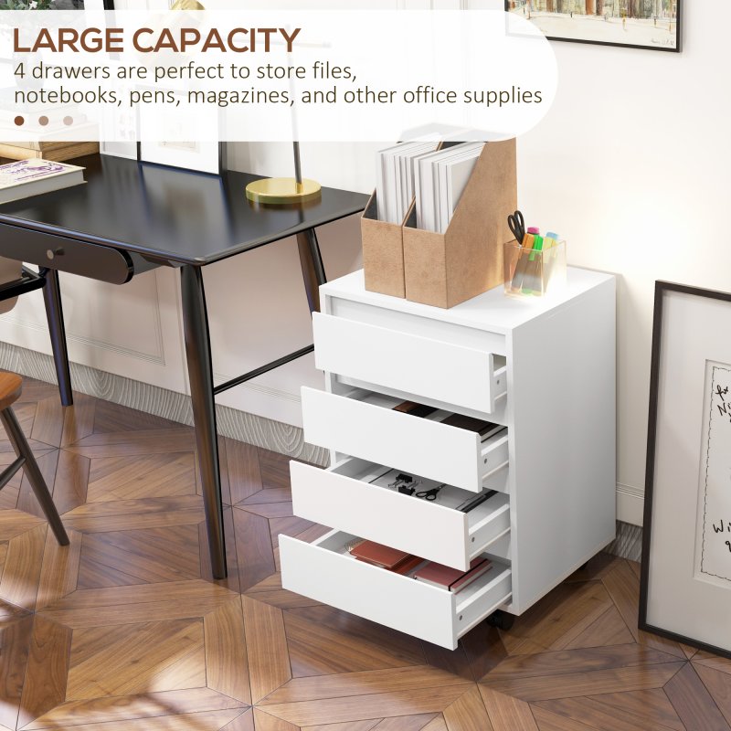 HOMCOM Mobile Filing Cabinet with 4 Drawers, Under Desk Storage Cabinet for Home Office, White