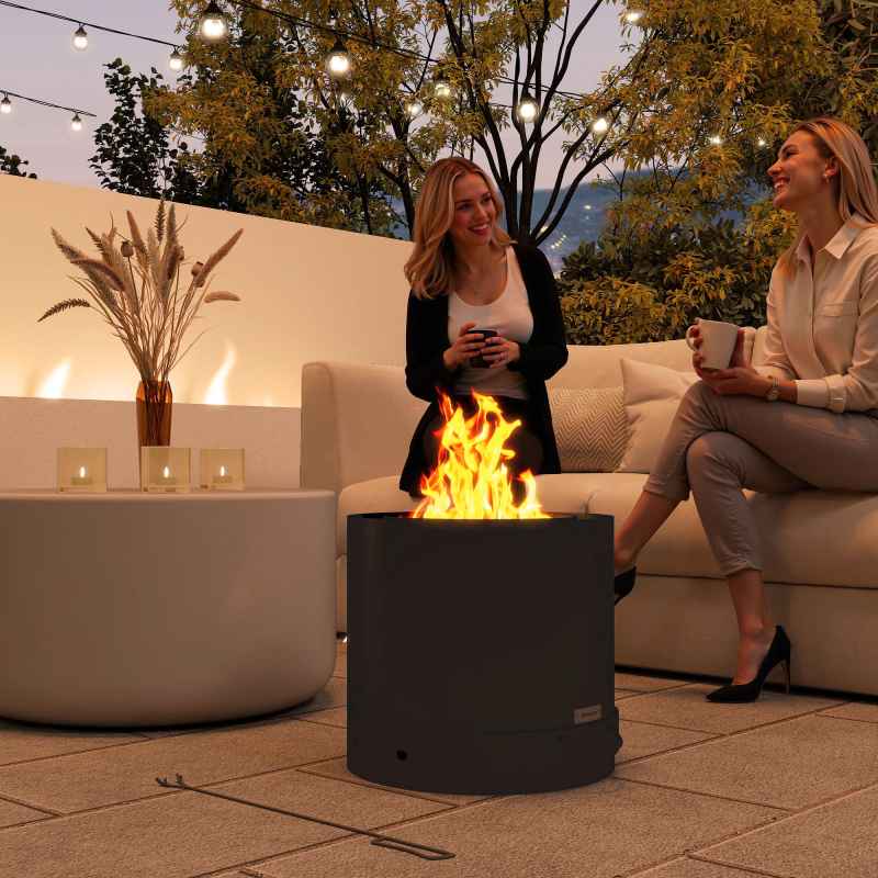 Outsunny Outdoor Round Fire Pit with Ash Tray, Wood Burning Firepit with Fire Poker for Patio Bonfire BBQ Camping, Black