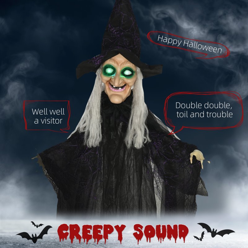 HOMCOM 6ft Outdoor Halloween Decoration Witch, Standing Witch Prop Life Size with Sound and Motion Activated, Light Up Eyes, Talking Sound, Posable Arms
