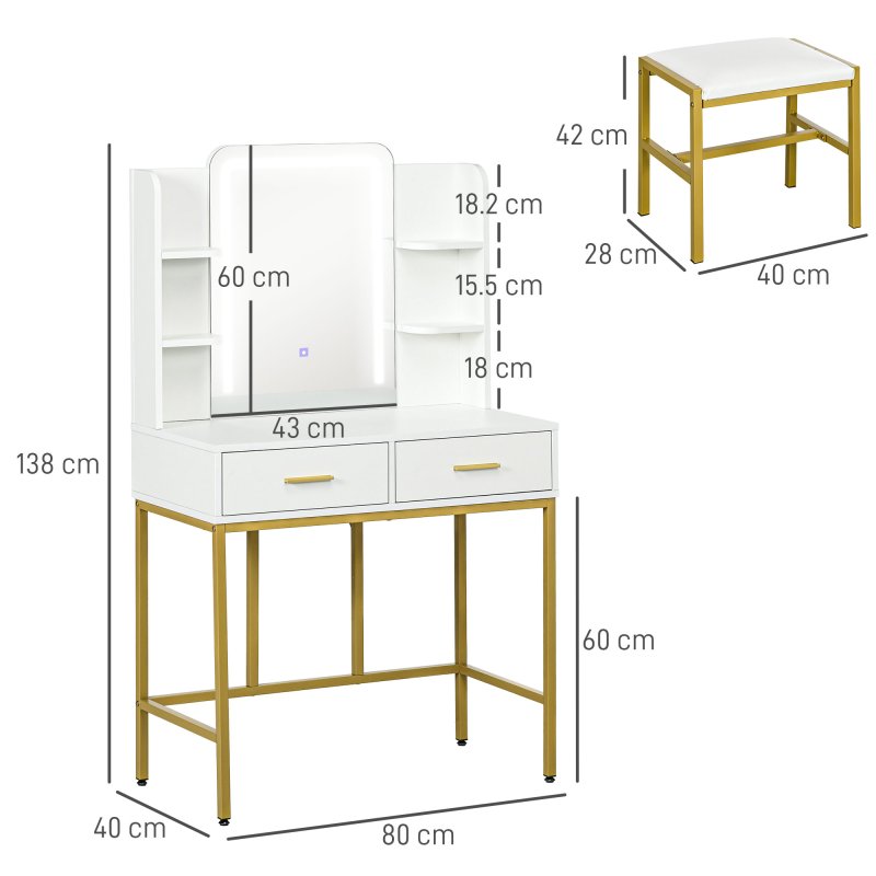 HOMCOM Dressing Table with Mirror, Cushioned Stool, 3 Colour LED Lights, Makeup Vanity Desk Set with Drawers and Open Shelves, Modern Dresser Vanity Table for Bedroom, White