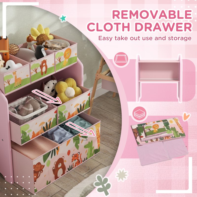 AIYAPLAY Kids Storage Unit, 3-Tier Toy Organiser Shelf with 6 Removable Storage Boxes, for Playroom, Bedroom, Children's Room, Nursery, Pink