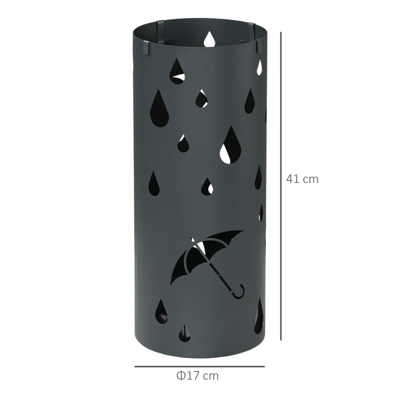 HOMCOM Steel Umbrella Stand, Round Umbrella Holder with 4 Hooks and Removable Drip Tray, Hollowed Umbrella Basket for Hallway, Dark Grey