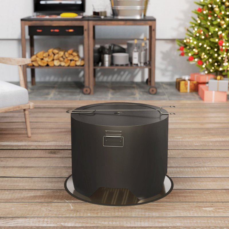 Outsunny Outdoor Round Fire Pit with Lid, Wood Burning Firepit with Fire Poker and Floor Mat for Patio Bonfire BBQ Camping, Black