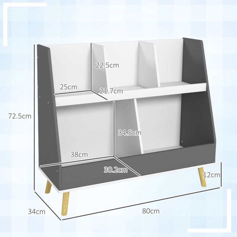 HOMCOM Kids Storage Shelf, 2-Tier Kids Book Shelf with 5 Compartments, Anti-Tip Device, Pine Wood Legs, for Nursery, Playroom, Classroom - Grey