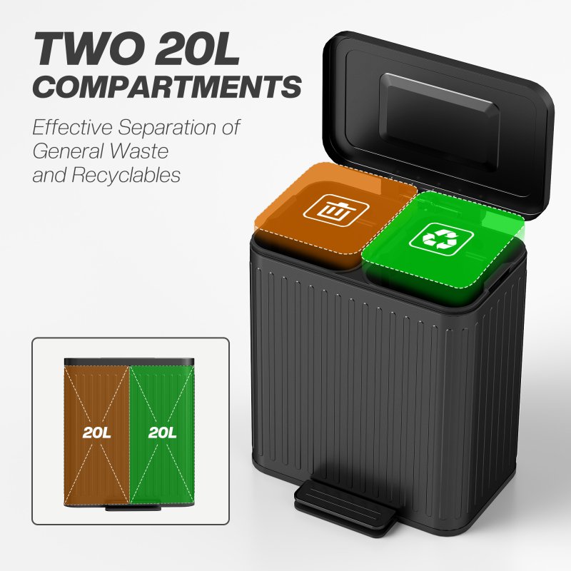 HOMCOM Dual Kitchen Bin, 2 x 20L Double Bin for Recycling and Waste, Fingerprint-proof Pedal Bin with Soft-Close Lid, Removable Inner Buckets
