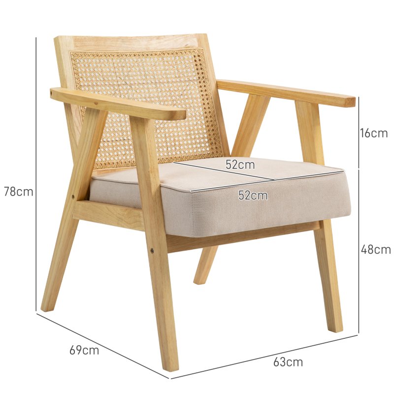 HOMCOM Armchair, Fabric Accent Chair with Rattan Back, Rubber Wood Frame and Padded Seat Cushion for Living Room, Bedroom, Home Office, Cream White Finish