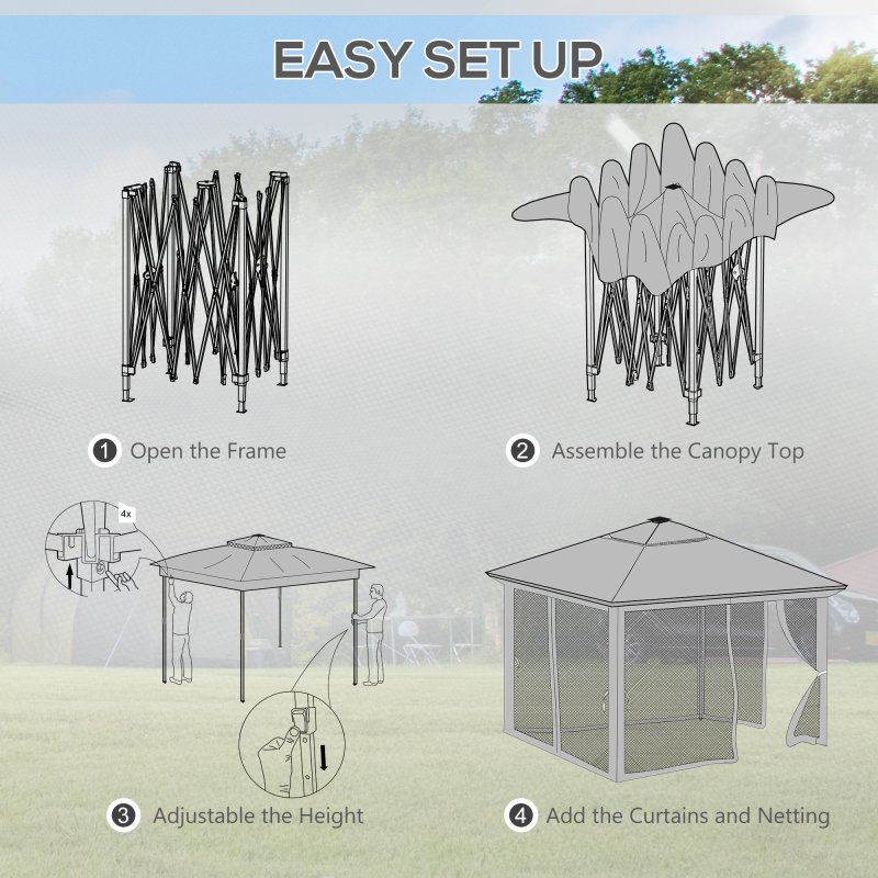 Outsunny 3 x 3(m) Pop Up Gazebo with Sides, 20 Solar-Powered LED Lights, Netting, Roller Bag, 4 Weight Bags, Marquee Party Tent, Height Adjustable Instant Event Shelter, Khaki