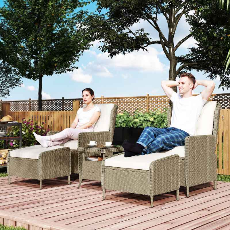 Outsunny 5 Piece Rattan Garden Furniture Set with Recliner Chairs, Wicker Patio Conversation Set with Footstools, 2-Tier Glass Top Coffee Table, Cushions for Outdoor, Balcony, Porch, Light Grey