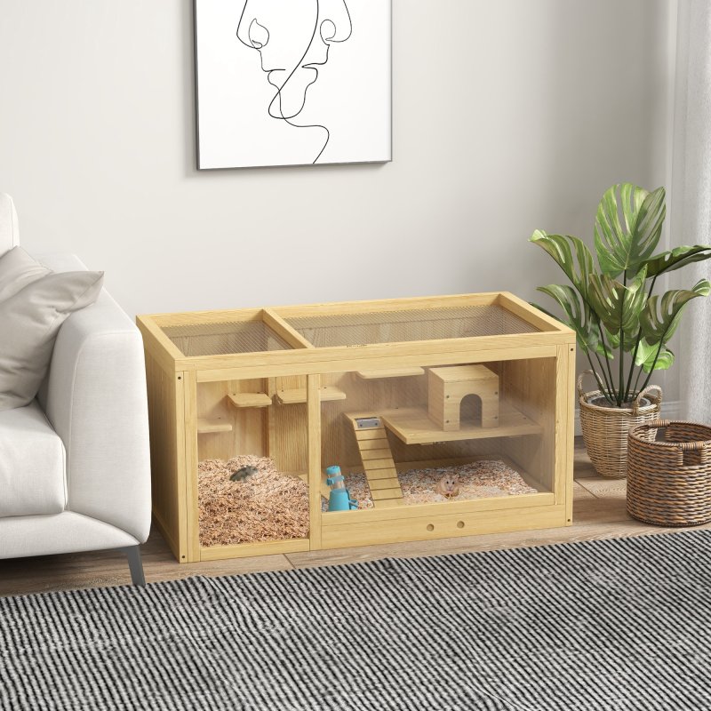PawHut Wooden Hamster Cage with Water Bottle, Small Animal Exercise Play House with Platforms, Openable Roof, Sliding Tray, Hut, Seesaws, Natural Wood Finish