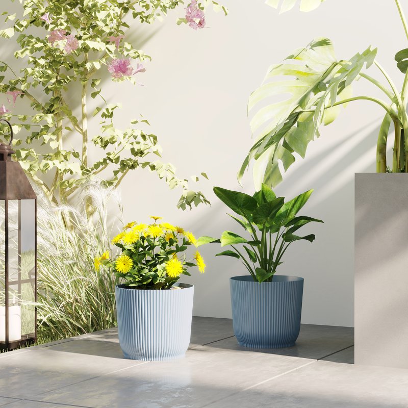 Outsunny Set of 2 Plastic Round Plant Pots Outdoor 22cm, Garden Planters, Flower Pots for Garden Decoration, Patios, Indoor, Outdoor, Home, Blue