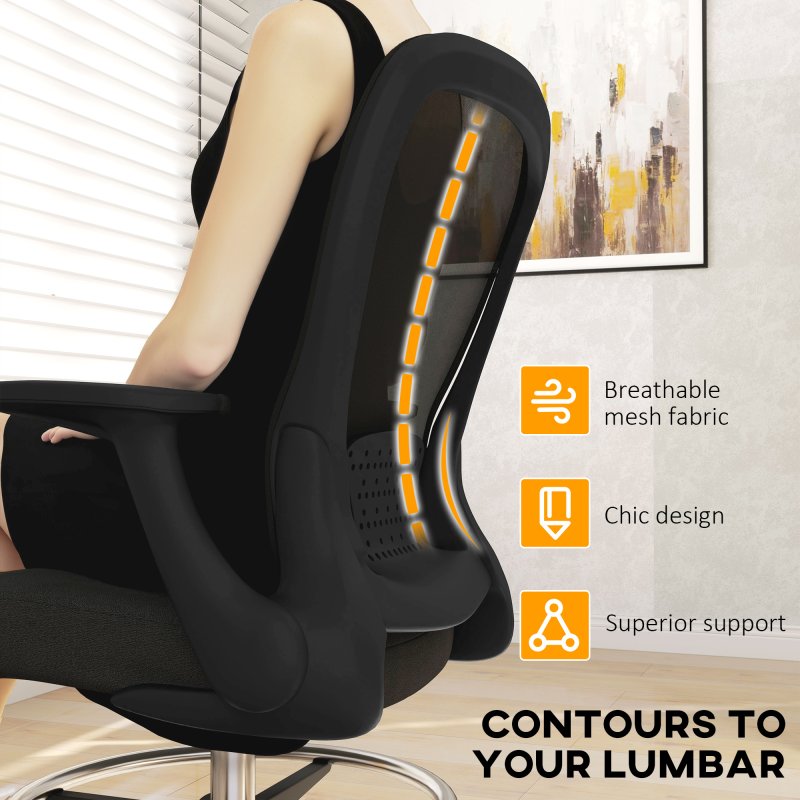 HOMCOM Drafting Chair, Swivel Draughtsman Chair, Ergonomic Office Chair, Mesh Standing Desk Chair with Flip-up Armrest, Lumbar Support, Adjustable Foot Ring, Black