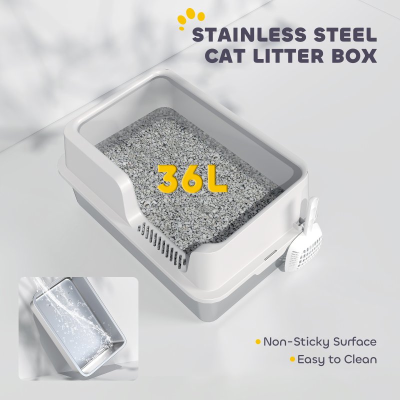 PawHut Stainless Steel Litter Box, High Sided Metal Cat Litter Tray with Detachable Rim, Scoop, Easy Cleaning, Odour-Resistant, 60 x 40 x 28 cm