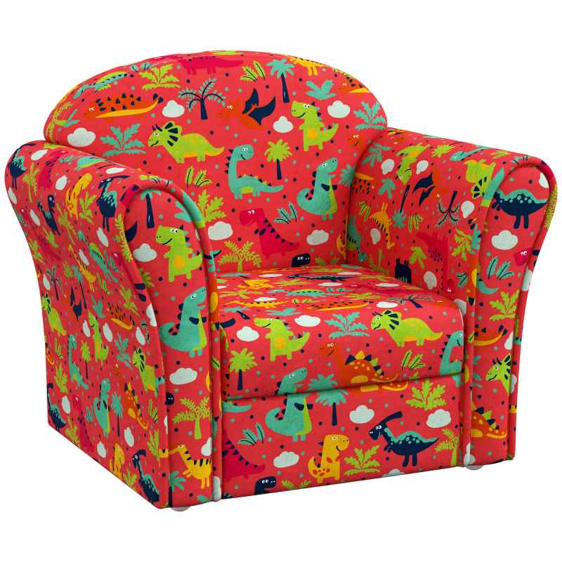 AIYAPLAY Kids Sofa Chair, Toddler Armchair with Dinosaur Design, Wooden Frame, Upholstered Toddler Chair for Bedroom, Playroom, Kids Room - Red
