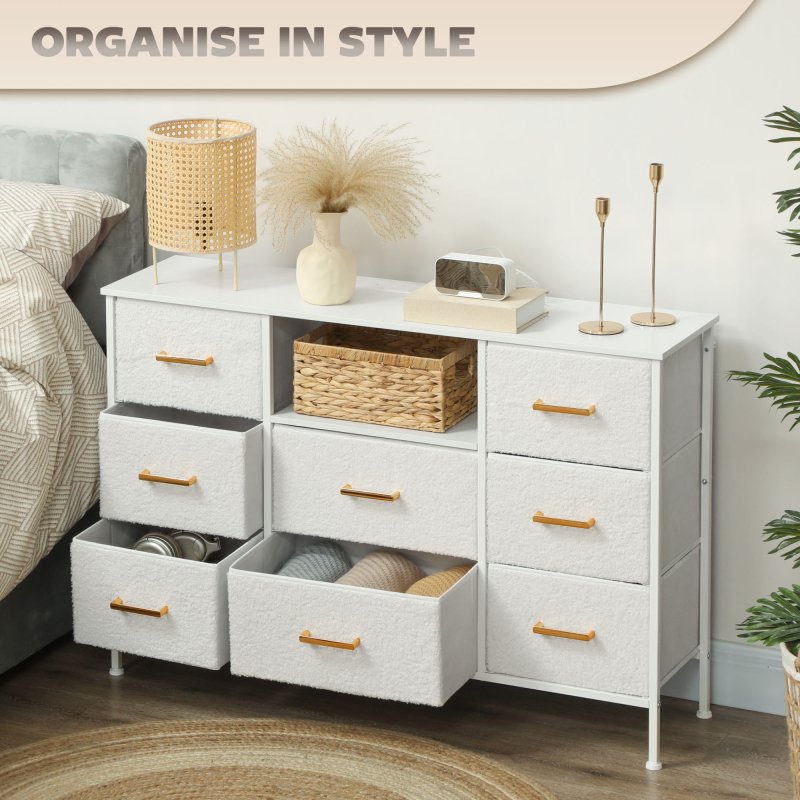 HOMCOM Boucle Chest of Drawers, 8 Fabric Drawers Storage Organiser with Charging Station, 2 USB and 2 AC Ports, Steel Frame, Fabric Dresser for Living Room, Bedroom, Hallway, Cream White