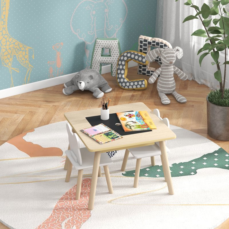 AIYAPLAY 3-Piece Kids Table and Chairs Set, Toddler Table and Chair Set with Bear-Shaped Backrest, Convertible Desk, Storage Grid for Nursery, Classroom, Playroom, Natural Wood