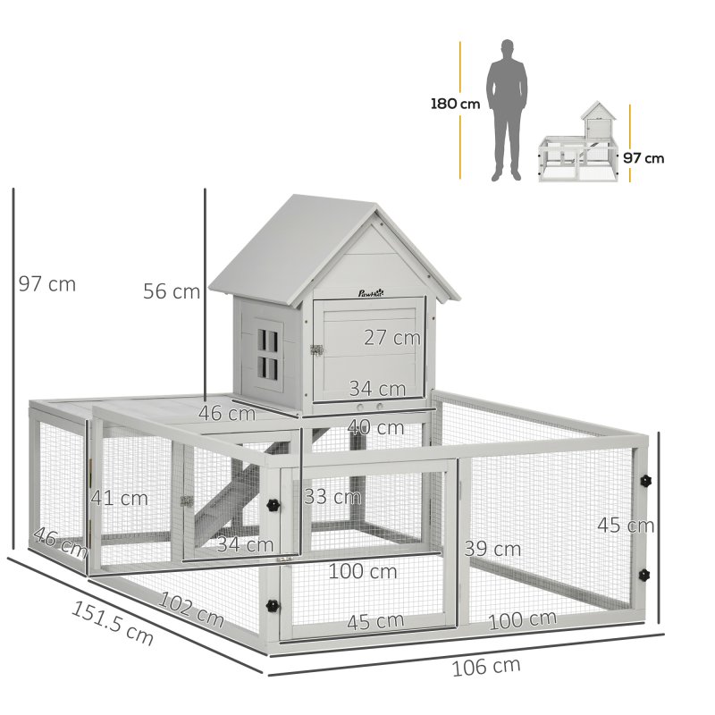 PawHut Wooden Rabbit Hutch with Run Large Guinea Pig Cage, Small Animal House for Indoor with Tray, 151.5 x 106 x 97cm, Light Grey