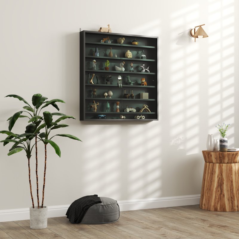 HOMCOM 7-Tier Wall Mounted Display Cabinet, Display Case with 6 Adjustable Shelves, Glass Doors for Home Office Ornaments 83x80cm, Black