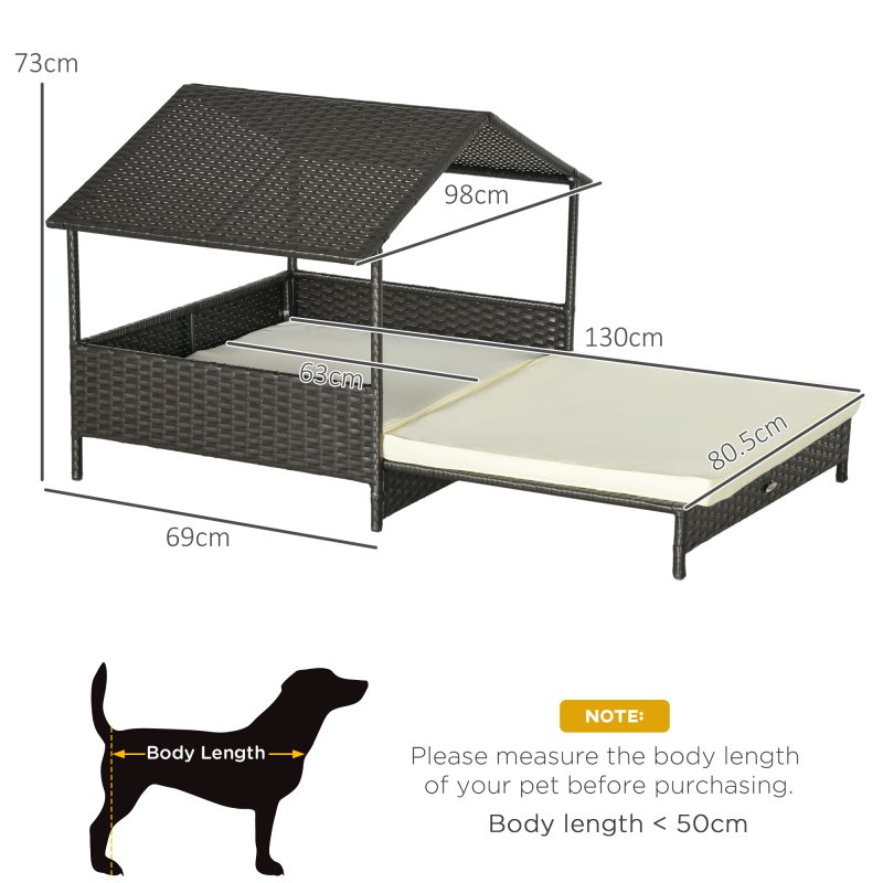 PawHut Rattan Dog House, Extendable Outdoor Wicker Dog Bed w/ Water-Resistant Roof, Removable Cushion, for Small and Medium Dogs - Cream White
