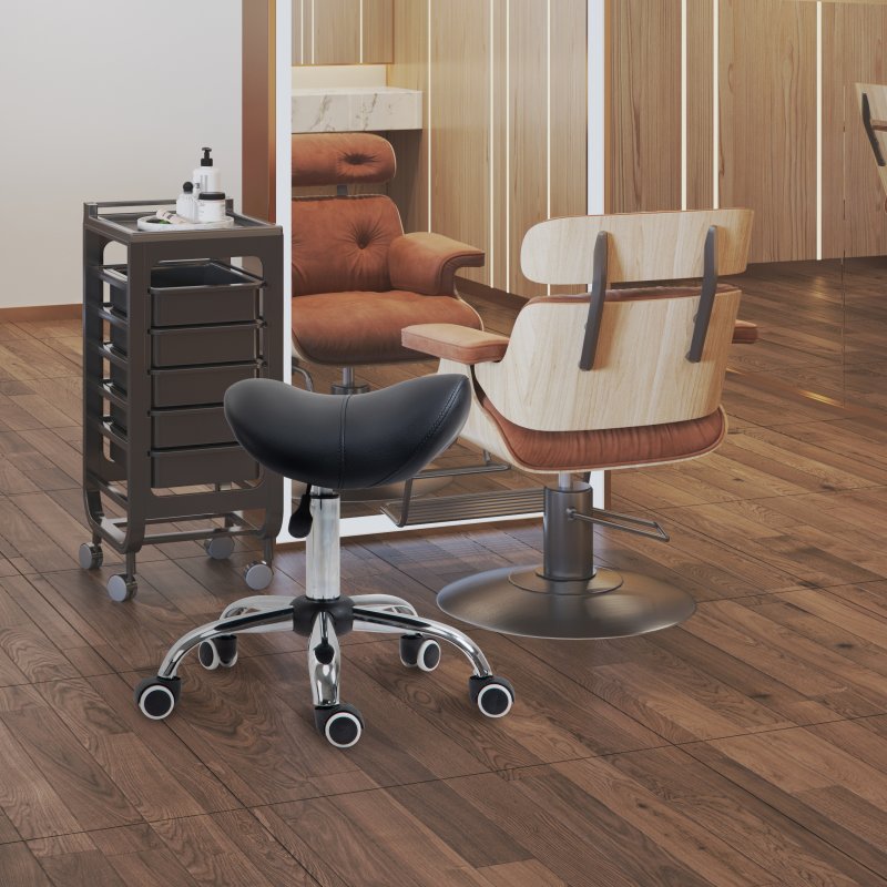HOMCOM Cosmetic Stool 360?? Rotate Height Adjustable Salon Massage Spa Chair Hydraulic Rolling Faux Leather Saddle Stool Mobility, Black