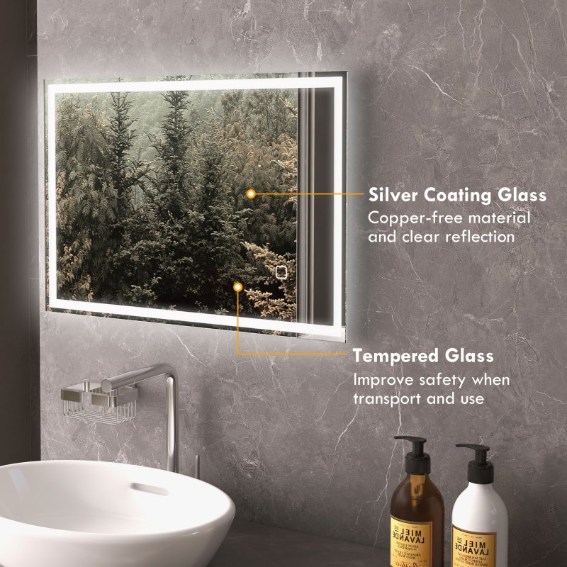 HOMCOM Bathroom Mirror with LED Lights, Illuminated Makeup Mirror with 3 Colours, Defogging Film and Memory Function, Hardwired, Horizontal or Vertical