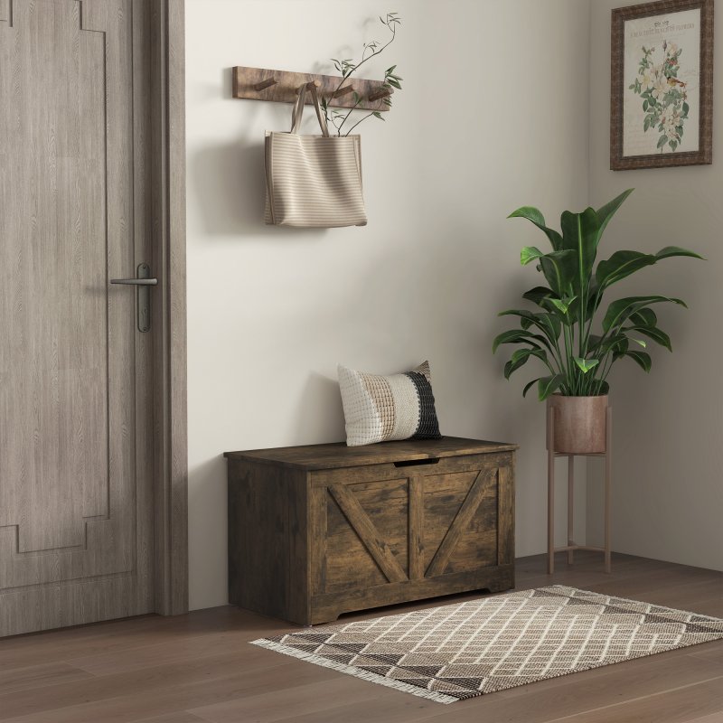 HOMCOM 100L Storage Chest, Storage Trunk with 2 Safety Hinges and U-shaped Cut-out Pull, Organiser Box for Living Room, Entryway, 80 x 40 x 45 cm, Rustic Brown