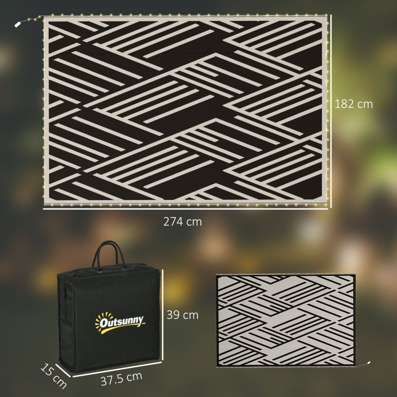 Outsunny Reversible Outdoor Rug with LED String Lights, Waterproof Plastic Straw Mat with Carry Bag for Garden, Deck, RV, Picnic, Beach, Camping, 182 x 274cm, Black and Coffee