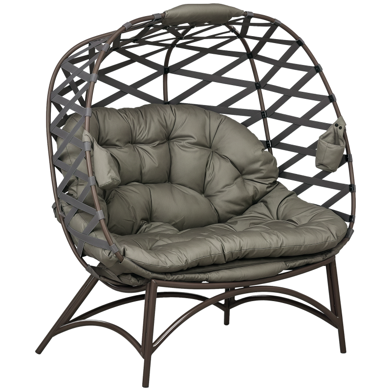 Outsunny Egg Chair Outdoor, 2 Seater Folding Weave Garden Furniture Chair with Cushion, Cup Pockets for Patio Balcony - Sand Brown